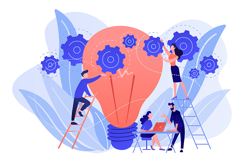 Business team putting gears on big lightbulb. New idea engineering, business model innovation and design thinking concept on white background. Pink coral blue vector isolated illustration